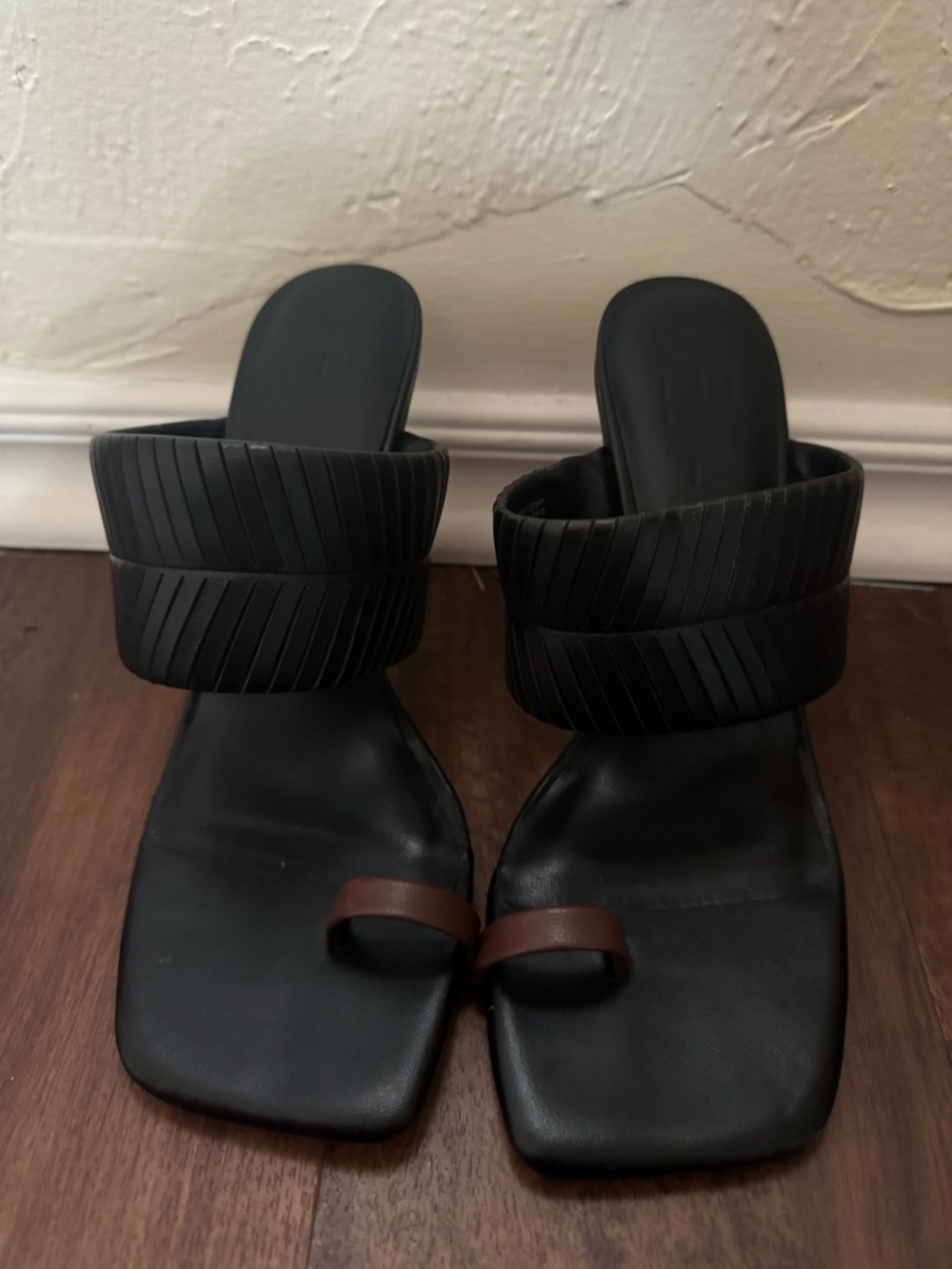 Black Leather Slide Heels with Brown Toe Loop